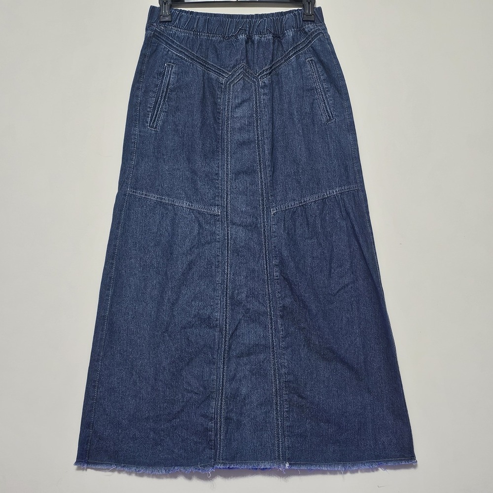 Women Jeans Skirt Large 12/14 Long A-Line Cotton Blend Elastic Waistband 529
